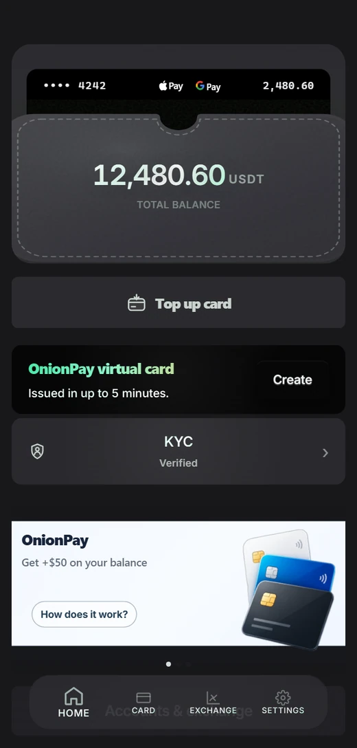 OnionPay Web App main dashboard with active card, balances, and verified KYC